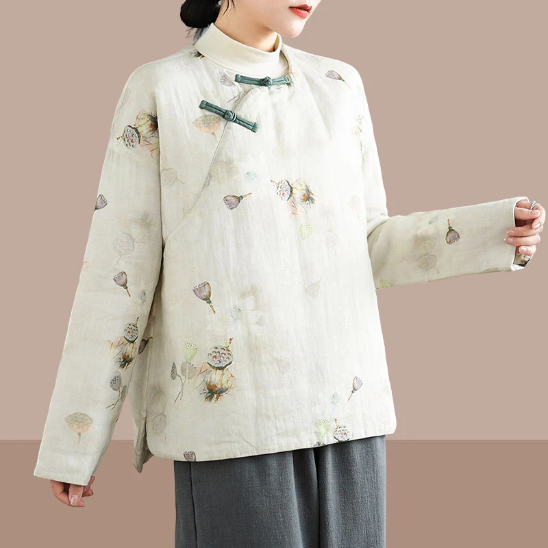 时尚新款棉麻棉服印花复古圆领斜襟撞色盘扣夹棉上衣花棉袄女秋冬