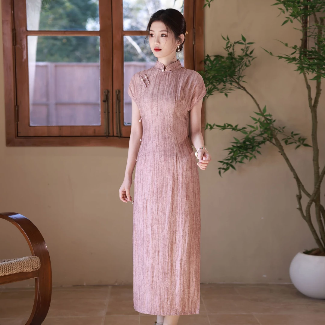 2025春夏款斜纹麻侧八扣长款旗袍修身显瘦日常连衣裙女装单层