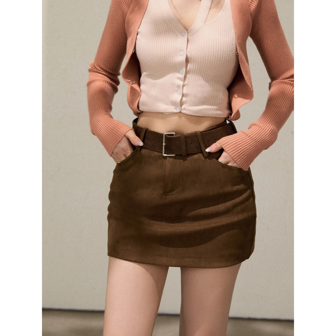 谢不肉 复古带皮带麂皮绒A字半身裙女早秋韩版休闲修身短裙50686