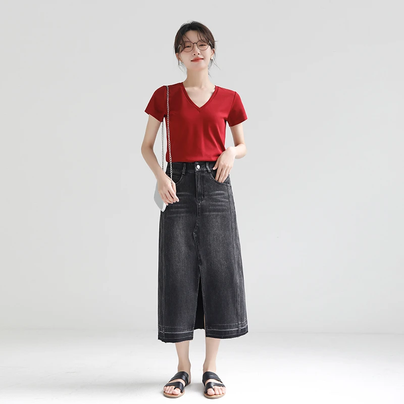 设计感反缝正肩V领短袖t恤女后背中线小众宽松显瘦极简上衣体恤衫
