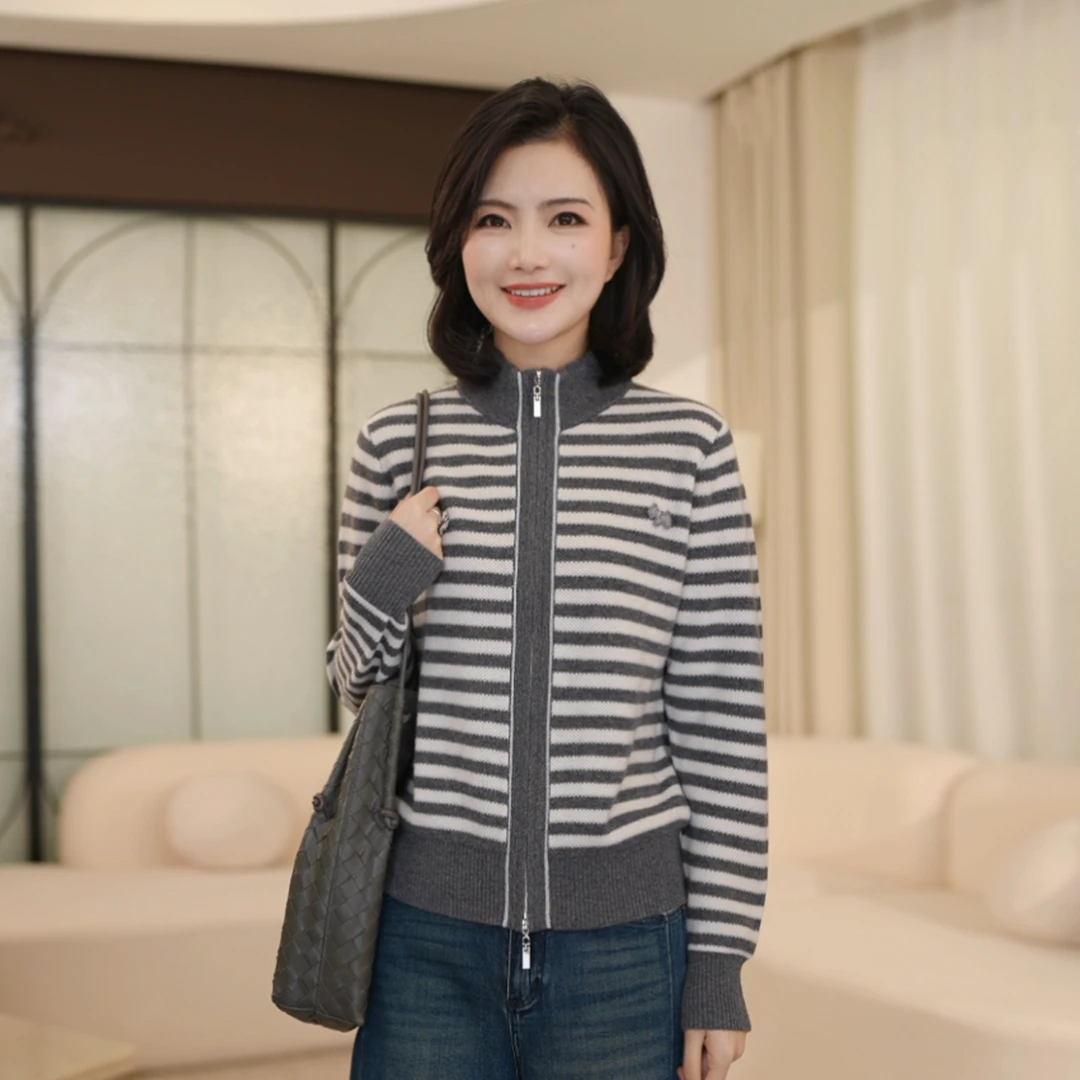 【全羊毛】枫竺阿楠anan撞色立领条纹刺绣针织开衫女秋出游毛衣外套