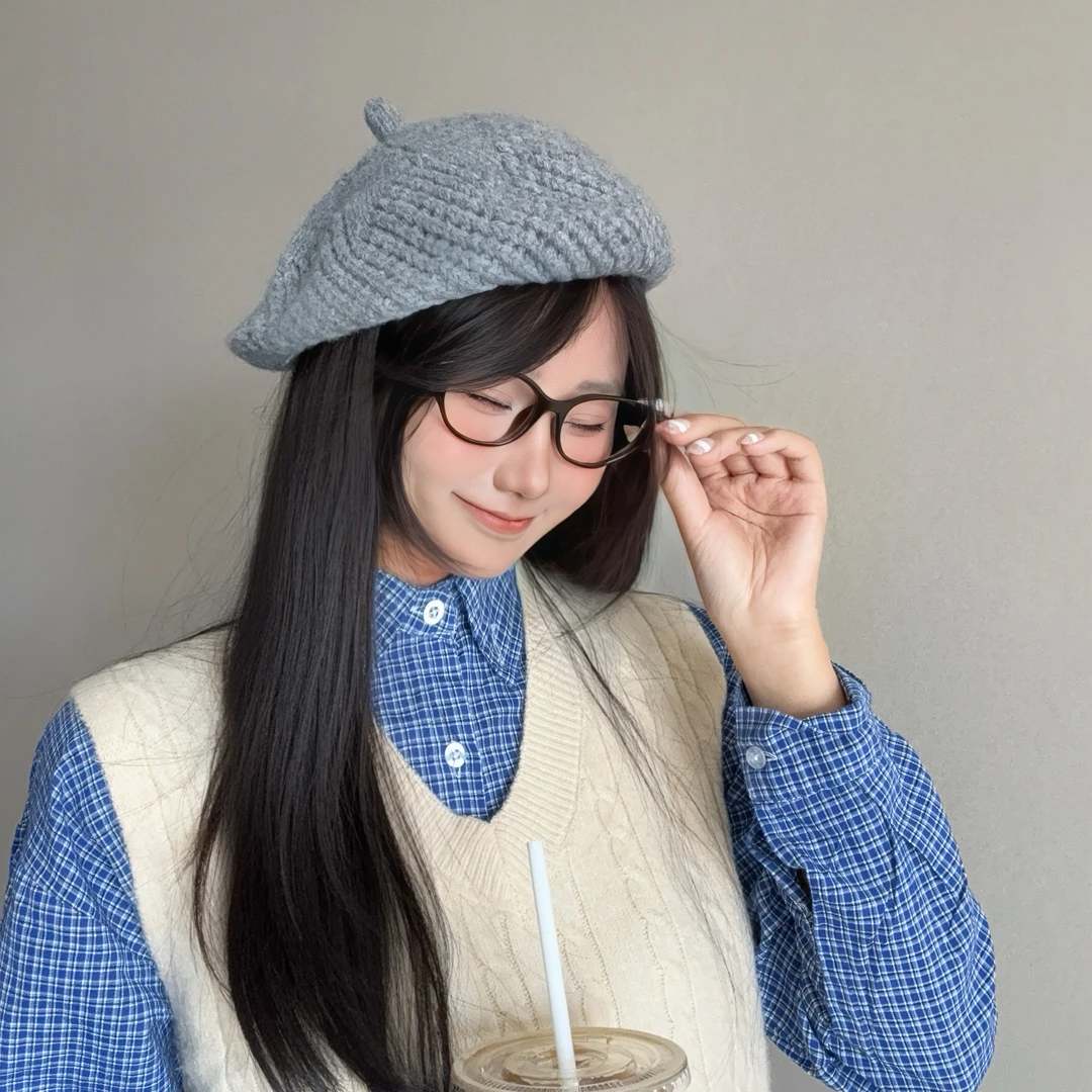 春花巧手手纯手工编织女秋冬休闲网眼贝雷帽女欧美复古画家帽韩版