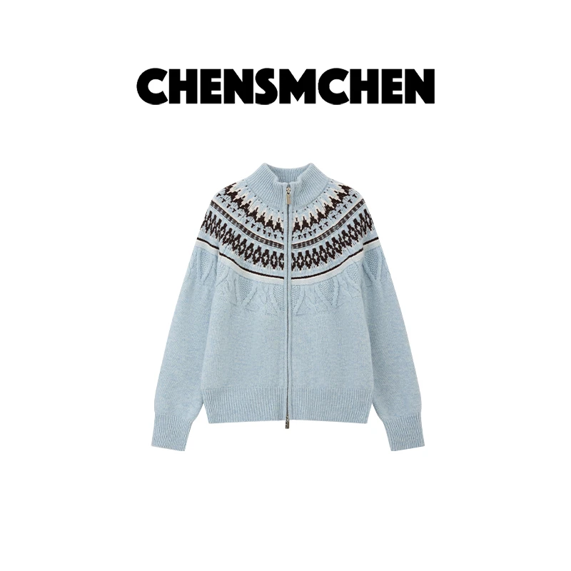 CHENSMCHEN 100绵羊毛蓝色费尔岛针织衫女休闲显瘦开衫CSM11724LC