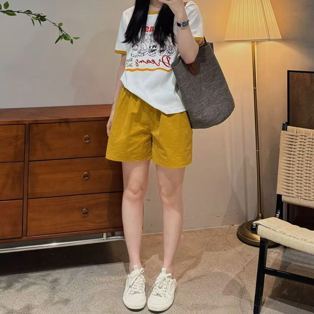 韩版夏季时尚百搭休闲简约纯色休闲松紧腰短裤女-HX25Q008