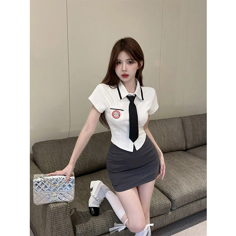 学院风套装辣妹polo领短袖领带上衣设计感性感包臀短裙制服两件套