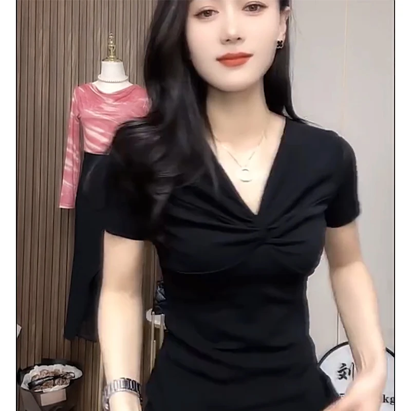 欧货黑色V领网纱短袖T恤女夏季气质修身弹力扭结别致半袖上衣小衫