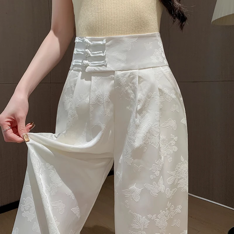 新中式国风盘扣提花冰丝缎面阔腿裤女夏季薄款高腰显瘦休闲直筒裤