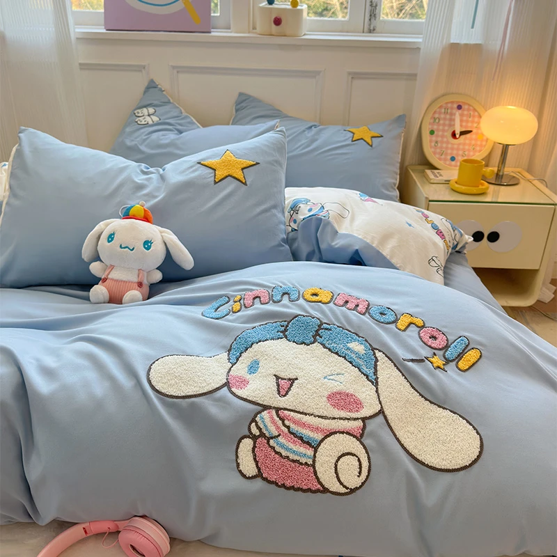 大耳狗蓝 卡通水洗棉床品四件套毛巾绣被套床单宿舍三件套BYS