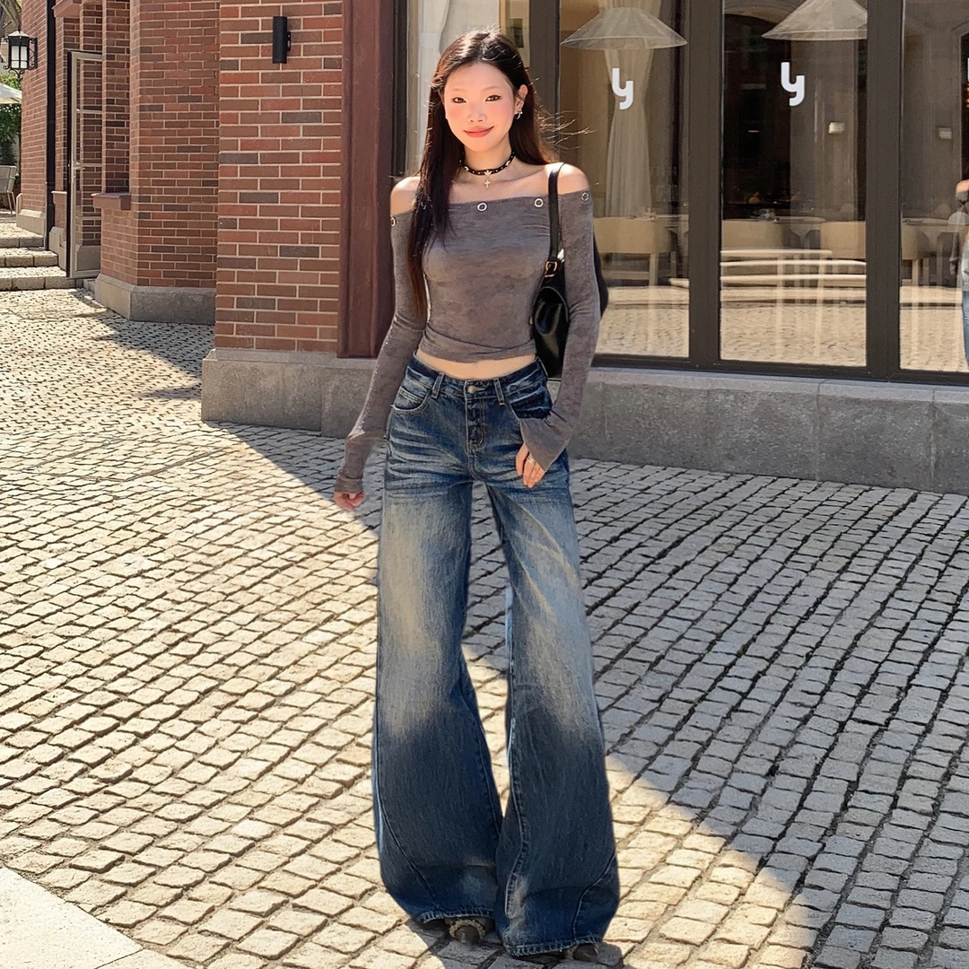 华利尔斯美式复古压皱感猫须工艺宽松阔腿牛仔裤女