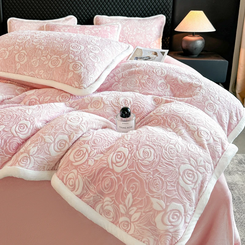 25秋冬新款雕花牛奶绒四件套加厚雕花绒不掉毛抗静电双面绒四件套