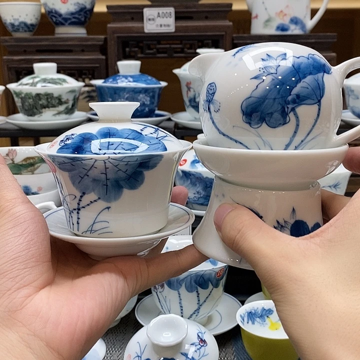 手绘荷花盖碗140cc马蹄➕功杯茶漏釉下彩微瑕福利款