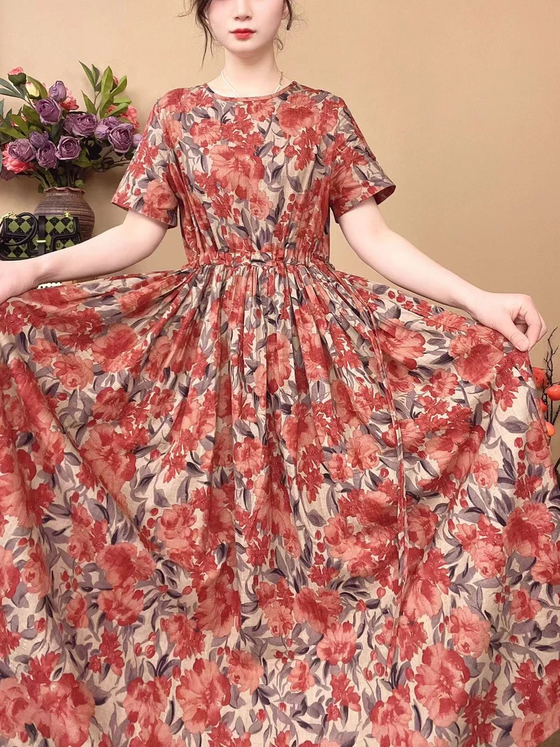 灰咖鸢尾花大摆裙2025夏季新款短袖连衣裙口袋显白气质长裙