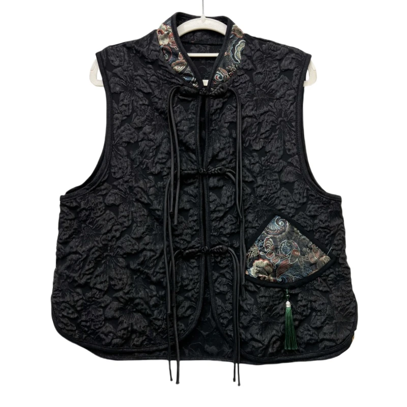 022-国风新中式马甲时尚休闲复古百搭女士潮流拼接提花刺绣上衣