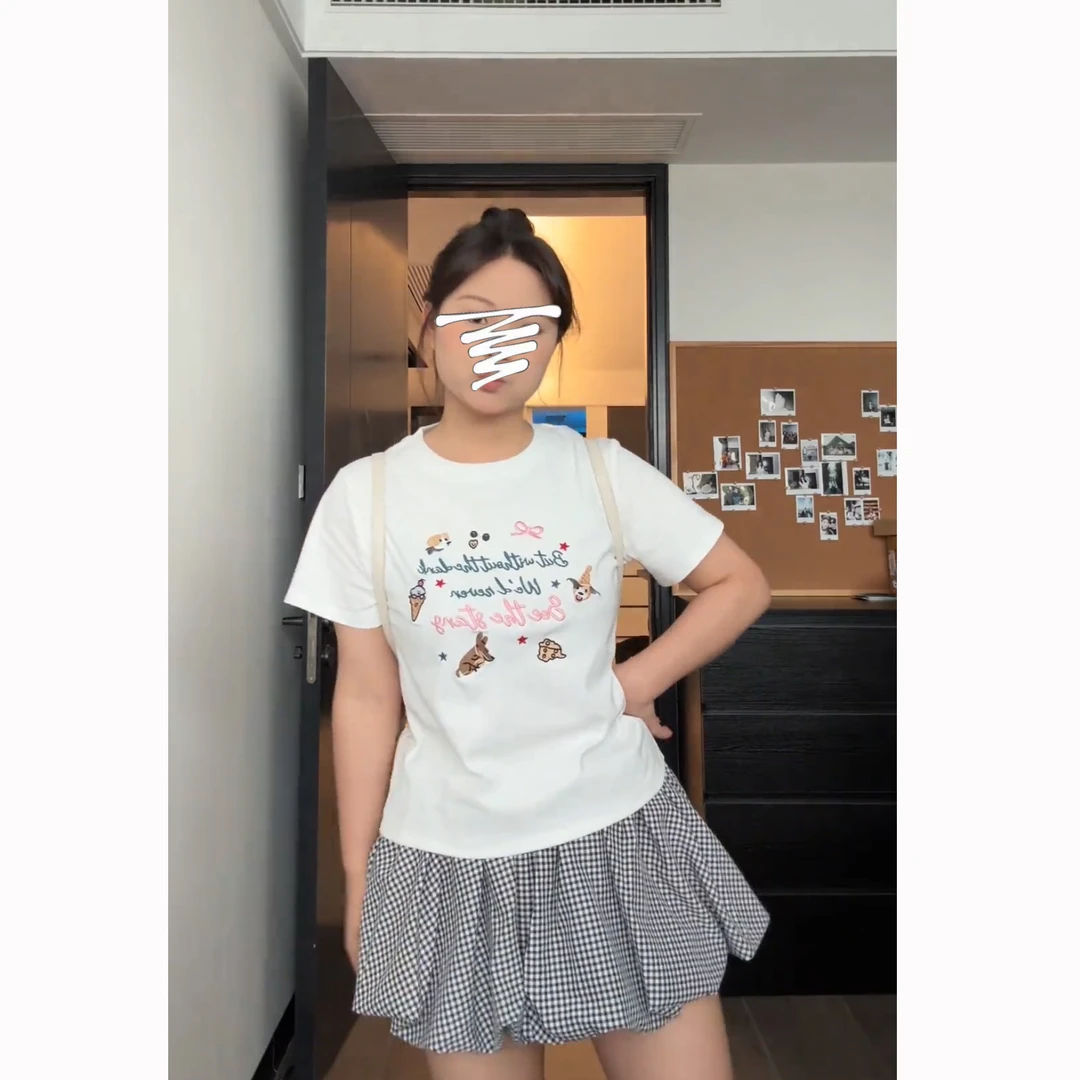 【清】大码休闲短袖白色T恤夏季女设计感体恤胖MM遮肉显瘦上衣-7199