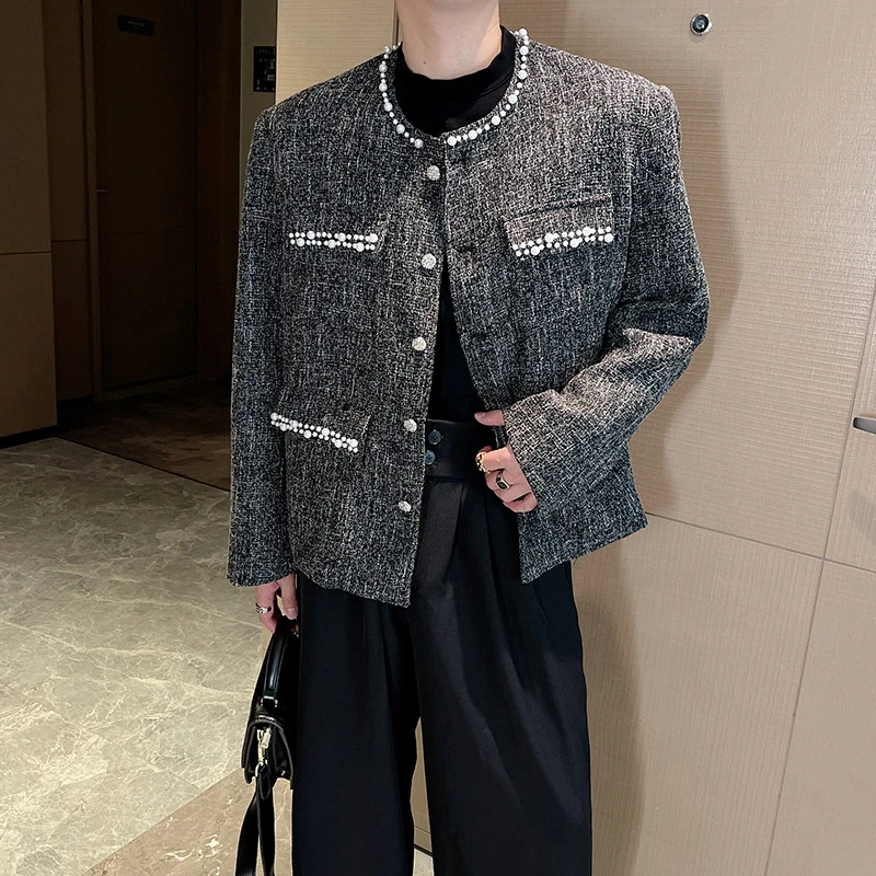 秋季复古新中式无领夹克男小众刺绣珍珠设计感轻奢短款小香风外套