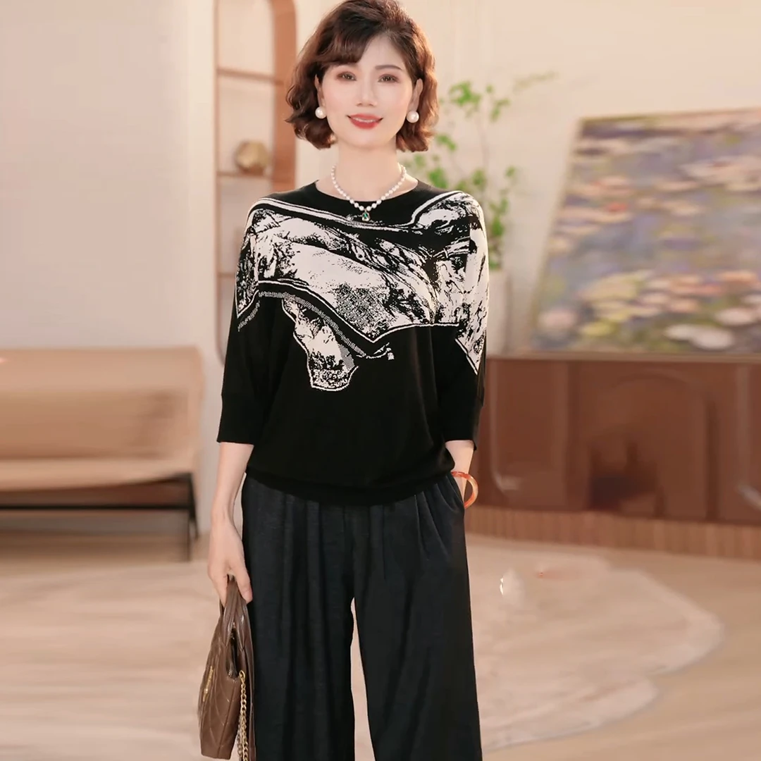 妈妈秋装套装薄款针织衫贵夫人高端洋气上衣中老年女春秋季打底衫