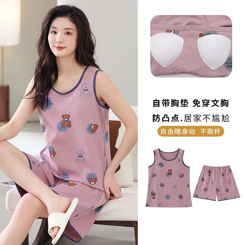 带胸垫一体加大码可外穿防凸点卡通睡衣女夏季无袖背心短裤女套装