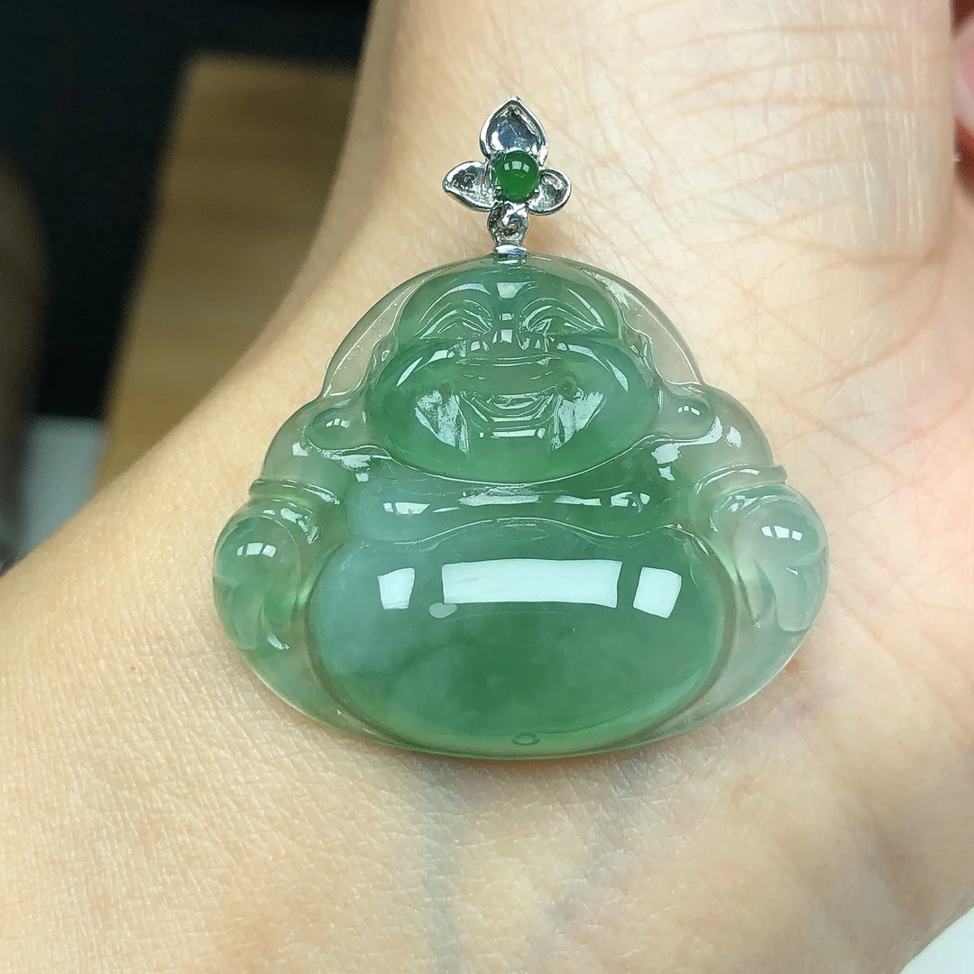 天然缅甸A货翡翠18K金镶老坑冰润满绿大肚笑佛佛公吊坠25*31*6.2