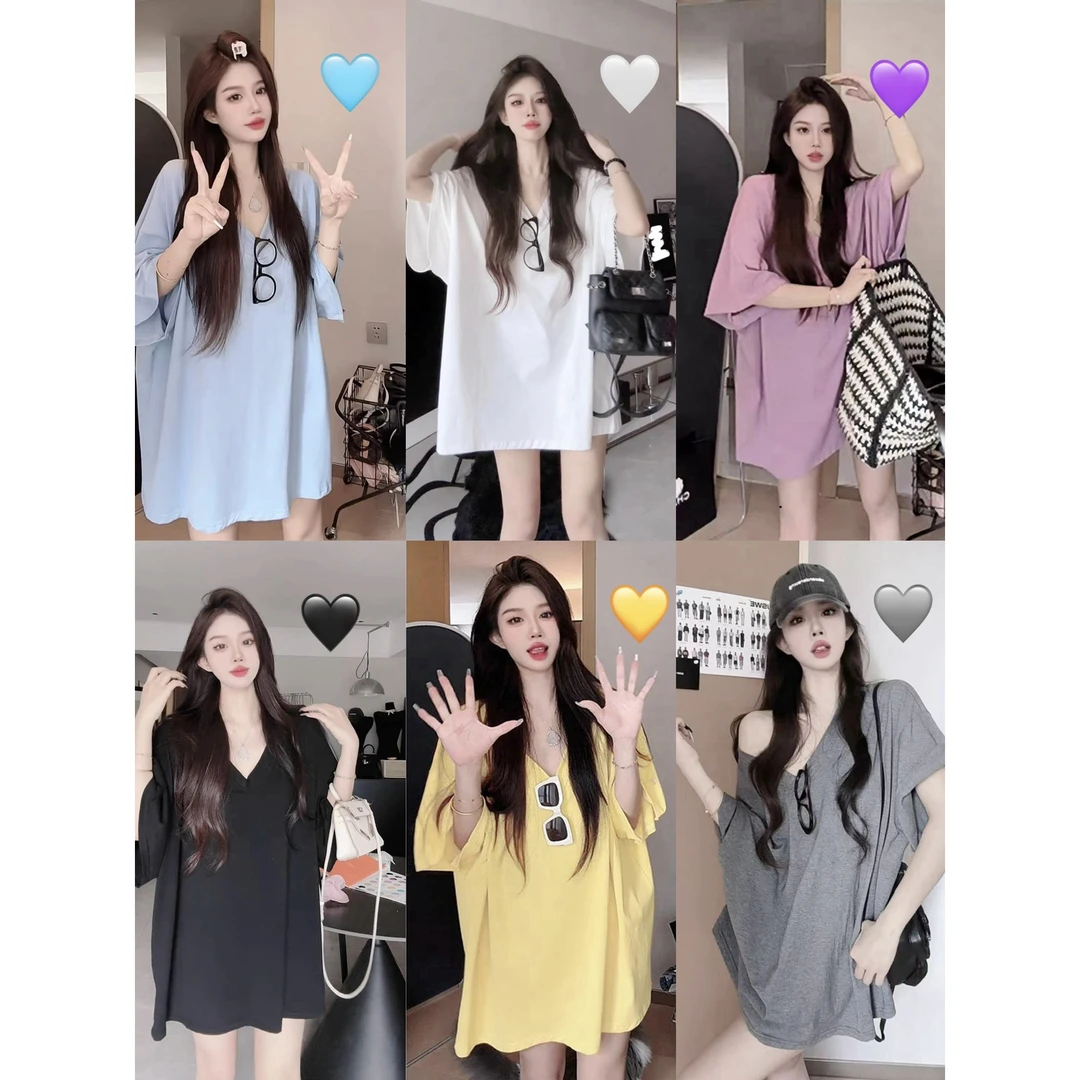 高街百搭慵懒风V领白色ins短袖T恤女夏季宽松中长款遮臀显瘦上衣