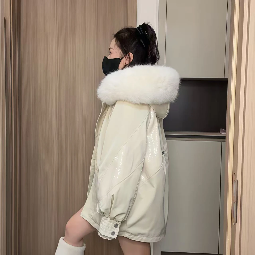 亮片宽松派克服加绒加厚保暖大毛领连帽中长款女士外套新年战袍