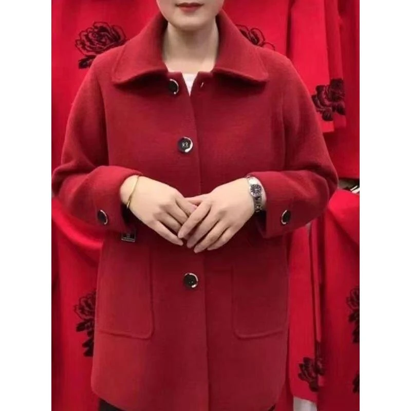 秋冬新款仿双面呢外套女中老年宽松大码妈妈装百搭毛呢大衣女