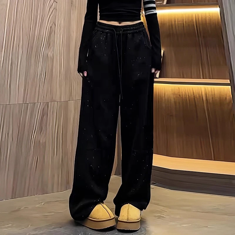 时髦细闪黑色加绒加厚休闲裤女秋冬2026新款大码懒慵显瘦运动卫裤