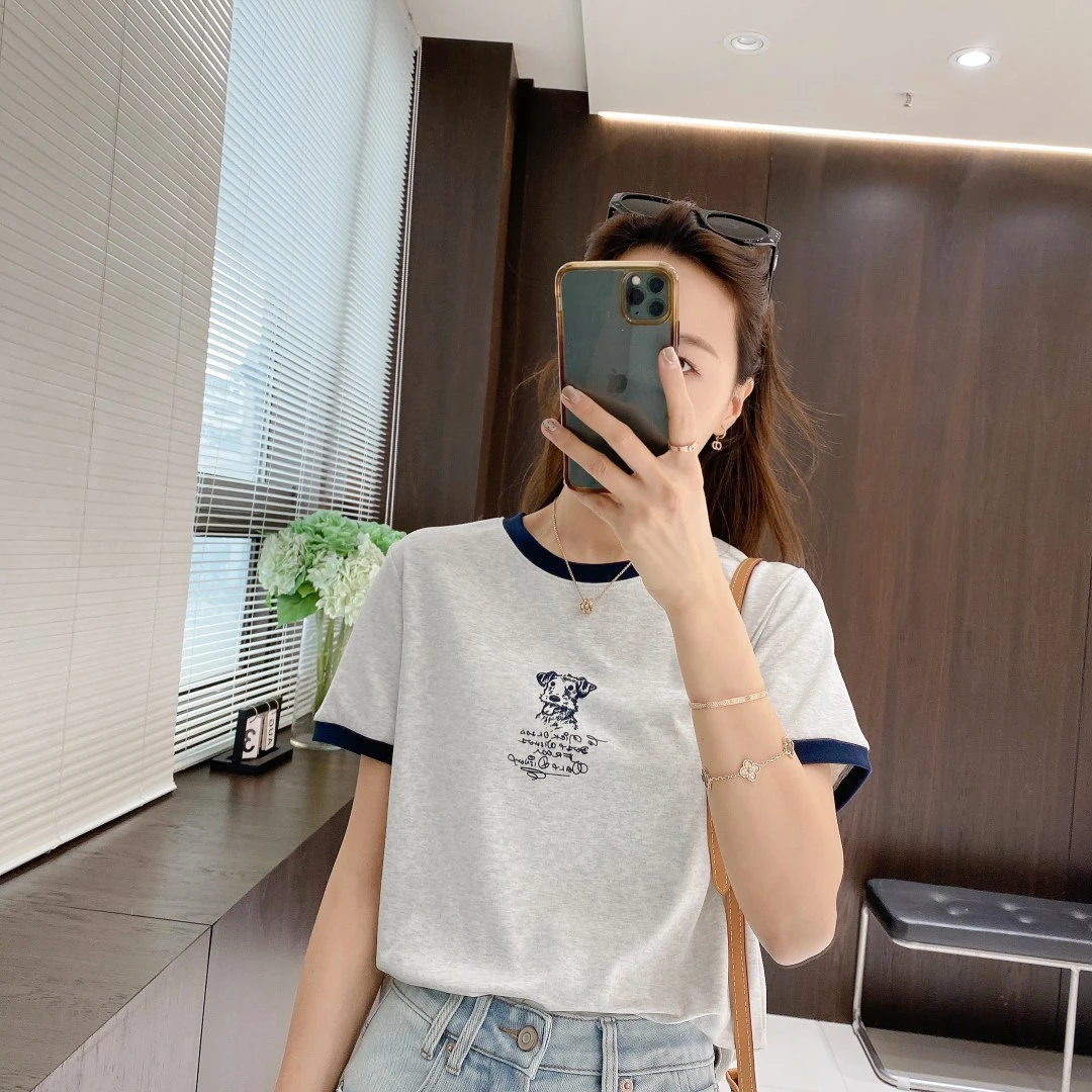 IMFLY金小金自制女装 T恤DYW8673早春季撞色圆领狗狗印花短袖上衣