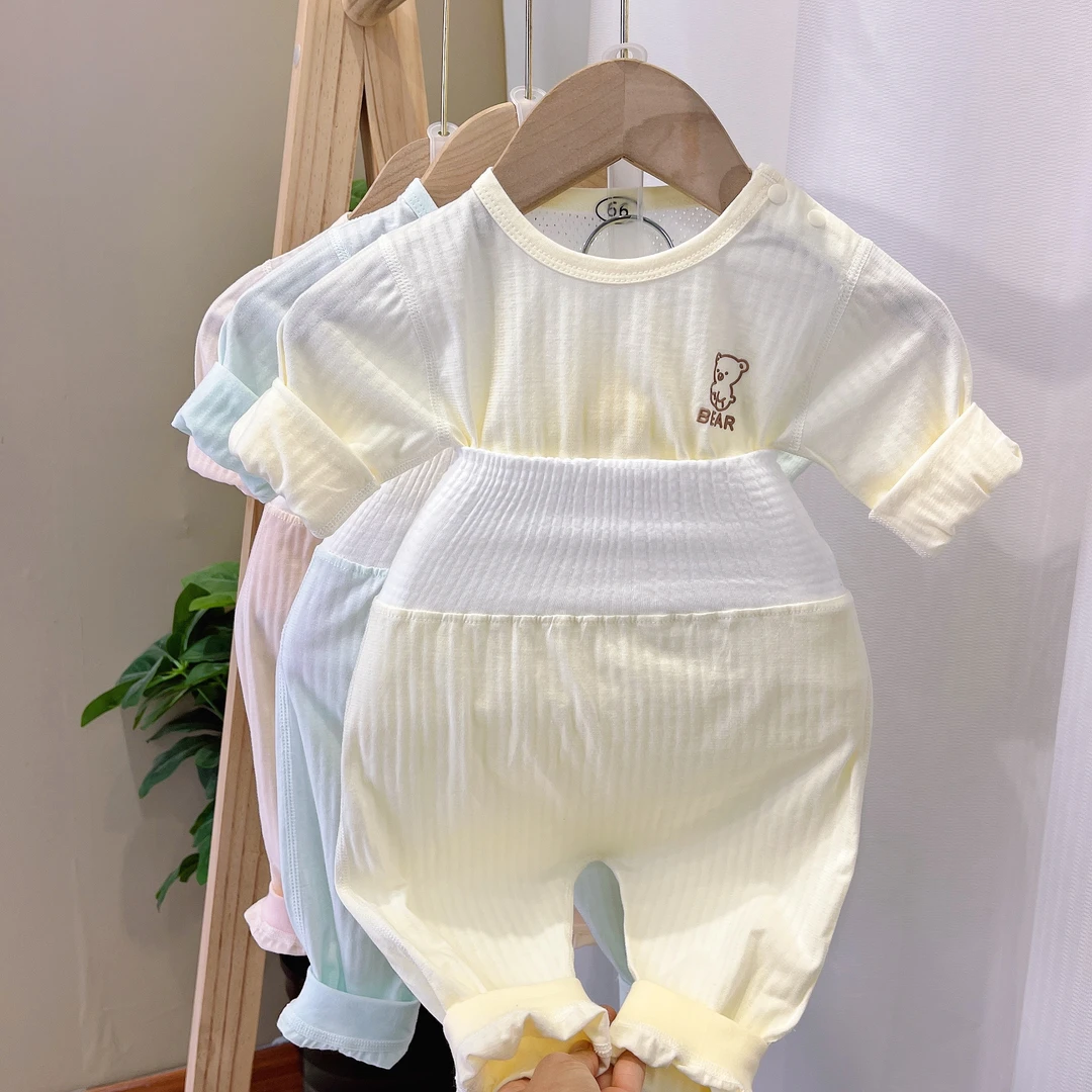 宝宝夏新品空调服婴儿超薄纯棉A类屁屁裤高腰家居服套装透气镂空