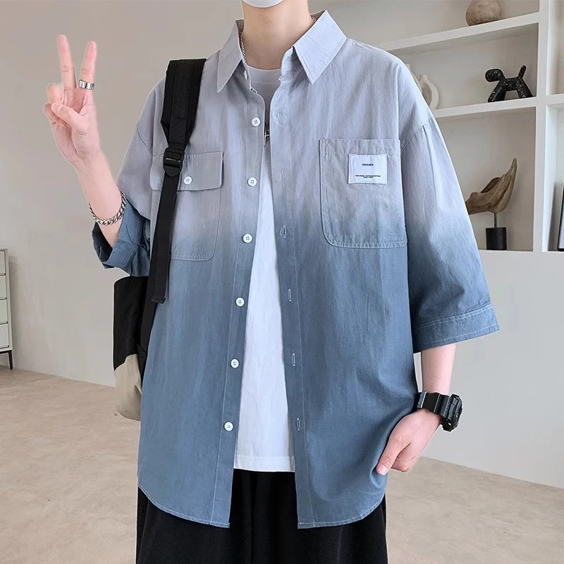 纯棉短袖衬衫男夏季渐变色五分袖透气衬衣外套男痞帅休闲中袖上衣