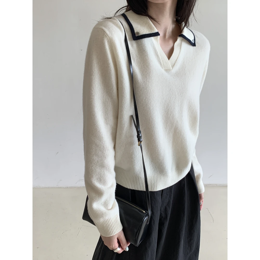 L-71239#『100%羊毛』软糯高智感撞色方领针织衫（福利）