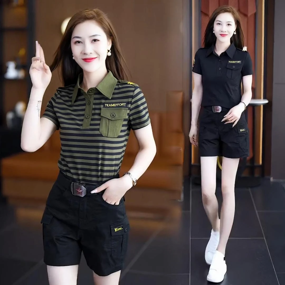 夏季新款运动套装女短袖短裤修身显瘦黑色气质减龄休闲工装两件套