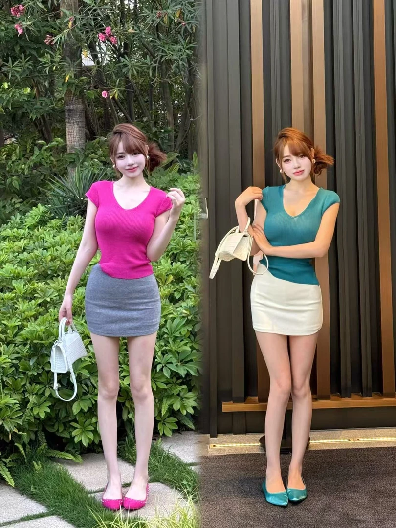 思思家【火龙果色好娇】夏季修身v领纯欲上衣/百搭大长腿裙裤包臀裙