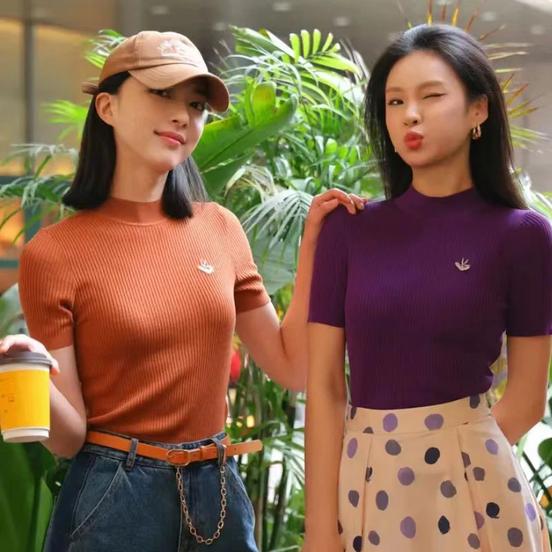 【商场同款】夏季百搭修身显瘦贴花半高领冰丝短袖针织T恤1399715