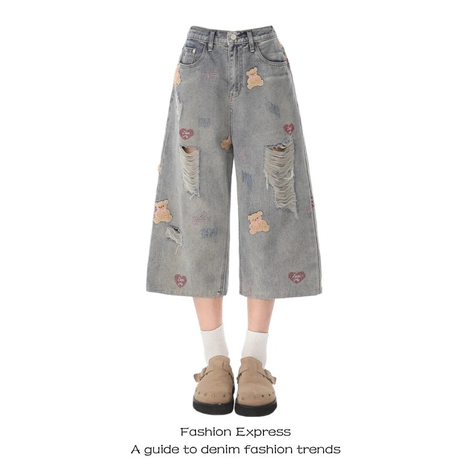 超好看破洞牛仔裤女夏季新款2025hiphop小熊刺绣宽松超火七分裤潮