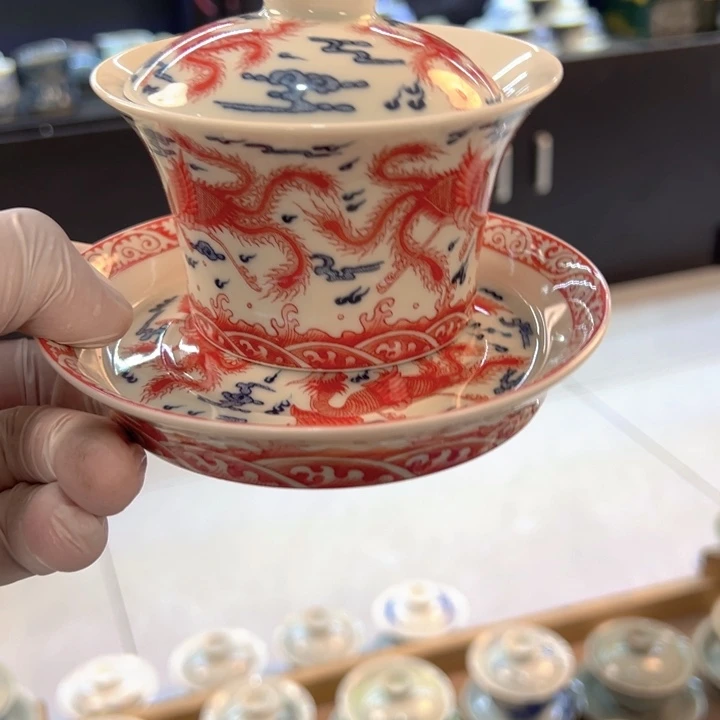 瓷片白青花釉里红九凤马蹄盖碗全品