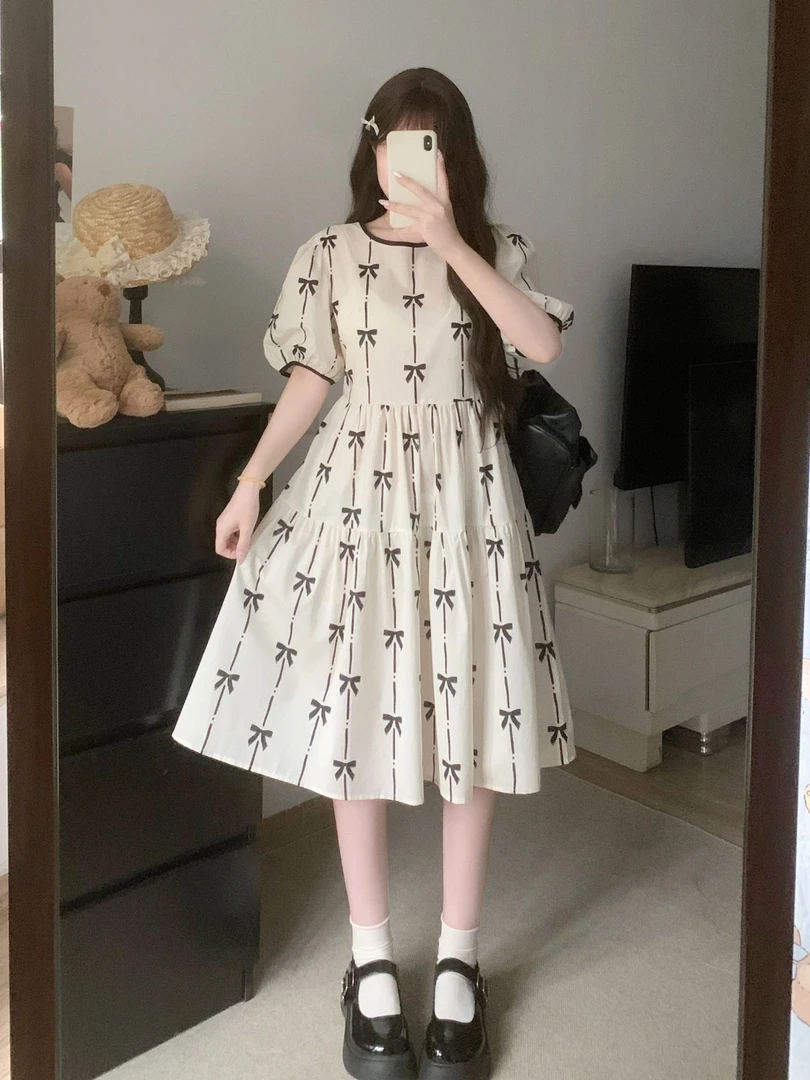 泡泡袖蝴蝶结连衣裙女大童夏装新款12-16岁高初中学生清新公主裙