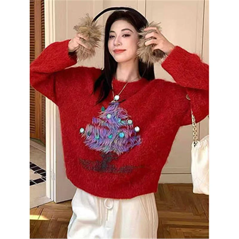希妮丝 圣诞穿搭红色针织衫上衣女生冬季穿搭漂亮出片衣服毛衣女