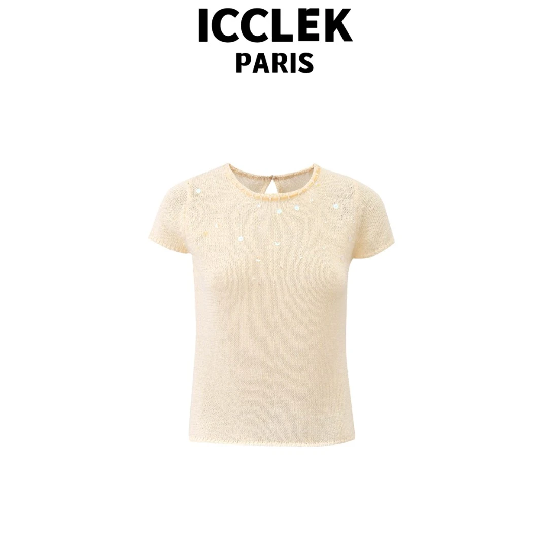 ICCLEK 黄色圆领亮片短袖针织衫夏季休闲百搭气质减龄显瘦 - 5401
