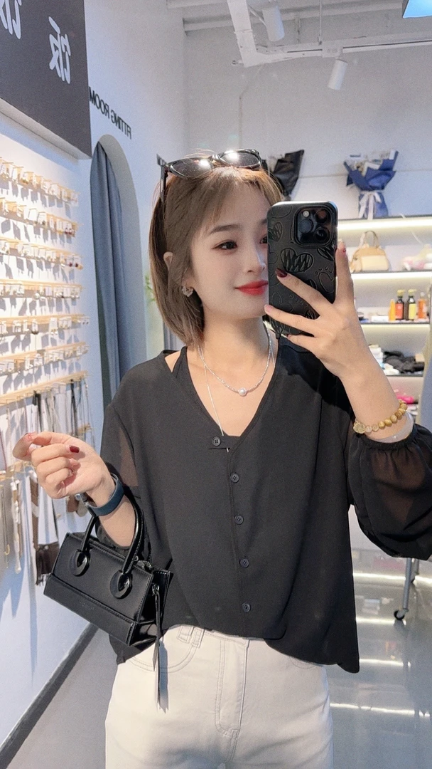 饭饭家  黑纱长袖防晒上衣