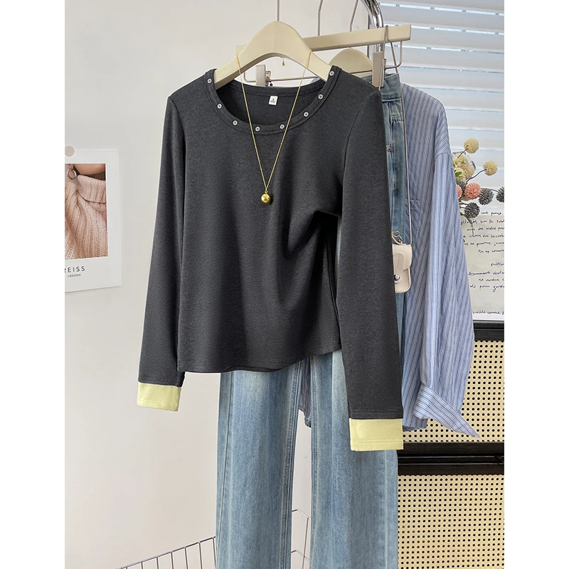 通勤时髦穿搭铆钉设计感圆领拼接长袖T恤女秋冬修身正肩内搭上衣