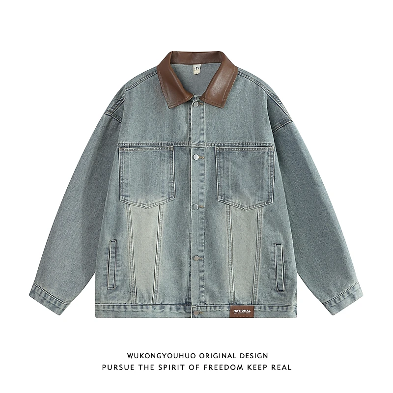 悟空有货美式复古pu皮拼接牛仔外套男潮牌街头宽松BF翻领工装夹克