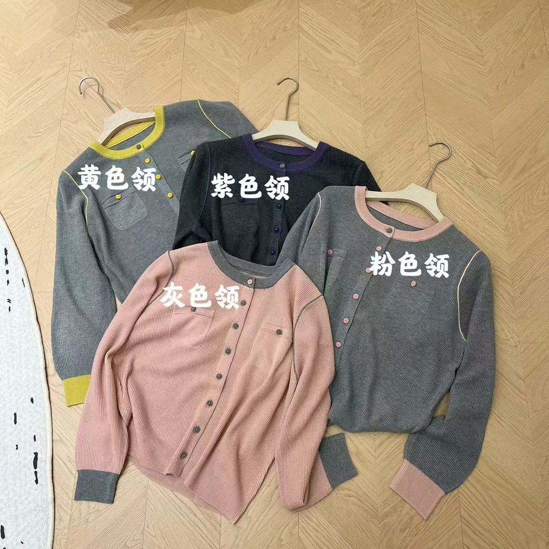 【豆子推荐】9821Y 春季拼色单排扣圆领针织小衫百搭打底上衣