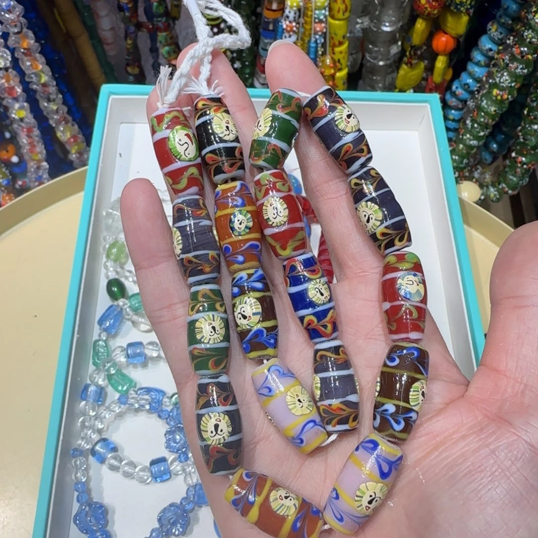 琉璃非金属长橄榄西亚狮子脸彩绘琉璃珠