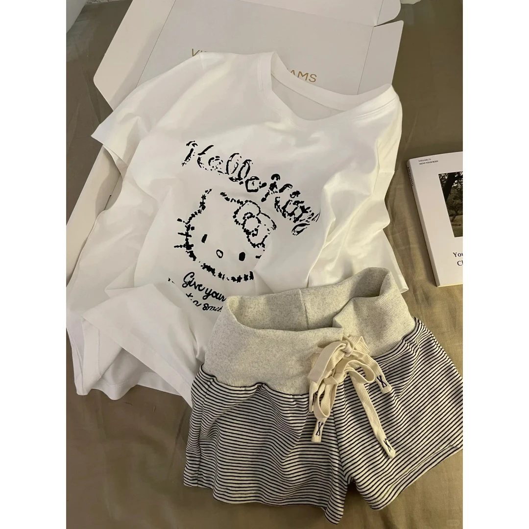 【简约Kitty印花】韩版少女宽松短袖睡衣女夏季新款短裤套装家居服