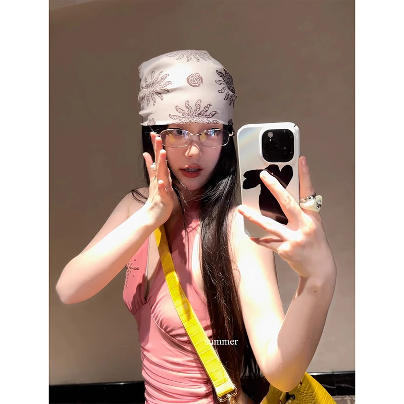 时髦复古太阳花包头巾辣妹y2k废土风方巾海风印花多功能抹胸丝巾