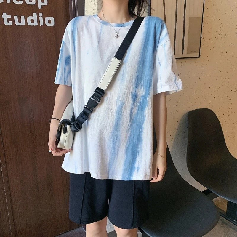 扎染2021新款闺蜜装夏季扎染短袖T恤女休闲宽松韩版上衣服女装外