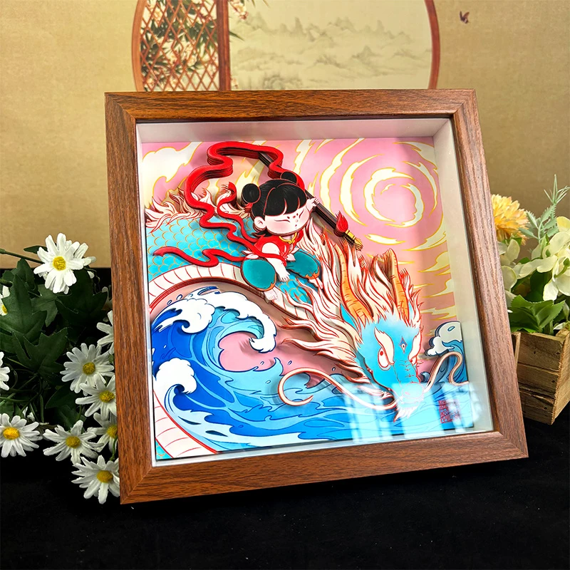 大立体画相框天津杨柳青文创摆件装饰画成品礼物可爱卡通哪吒本社