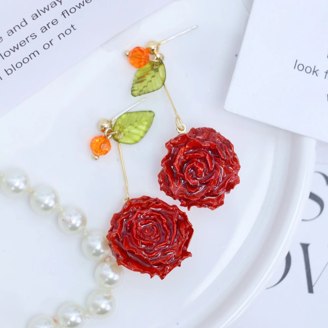 铜合金耳饰 植物花卉暖色玫瑰花耳钉可爱甜美风真花耳饰