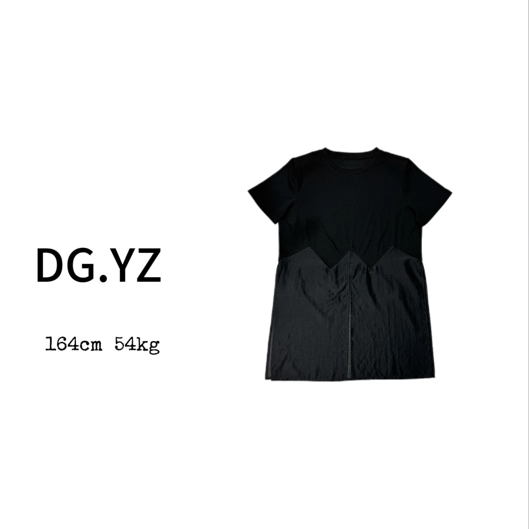 【樱子家】2732F新款时尚中长圆领宽松休闲拼接网纱垫肩T恤.