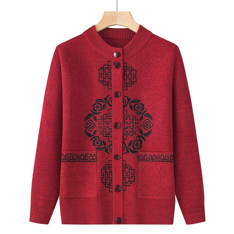 中老年人毛衣女奶奶装外套妈妈春秋老人圆领针织衫开衫老太太衣服